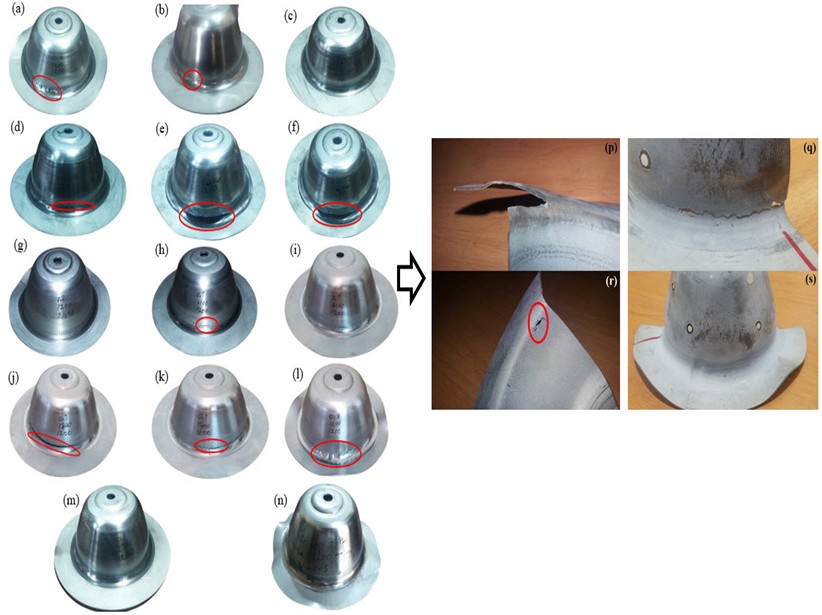 Final samples under different SPIF conditions, (a, b, d, e, f, l) with cracked zones, and (c, g, i, m, n) without cracked zones, (p, q, r) zoomed-in and wire-cut views in test 2, type 5, (s) successful sample