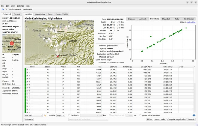 Earthquake parameters window of the SeisComP application (origin time 2 November 2025, 20:29 UTC = 3 November local time). The window displays the automatic local-magnitude solution of the national network (MLv 7.0, depth 8 ± 5 km); the reviewed catalogue parameters adopted throughout this study are M= 6.8, h= 30 km (national network), while the USGS reports Mw 6.2, h= 28 km  (event us6000rl31 [15]). Differences between automatic and reviewed solutions,  and between magnitude scales of different agencies, are normal for a single event