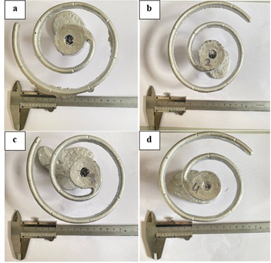 Samples used for the evaluation of fluidity: a- Al-Mg; b-Al-Mg-1%Ge-5%Si; c-Al-Mg-2%Ge-5%Si; d- Al-Mg-3%Ge-5%Si. Photo by S. Tursunbaev in the Metals Technologies Laboratory on January 20, 2025