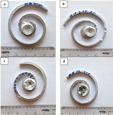 Samples used for the evaluation of fluidity: a- Al-Cu; b-Al-Cu-1%Ge-5%Si; c-Al-Cu-2%Ge-5%Si; d- Al-Cu-3%Ge-5%Si. Photo by S. Tursunbaev in the Metals Technologies Laboratory on January 25, 2025