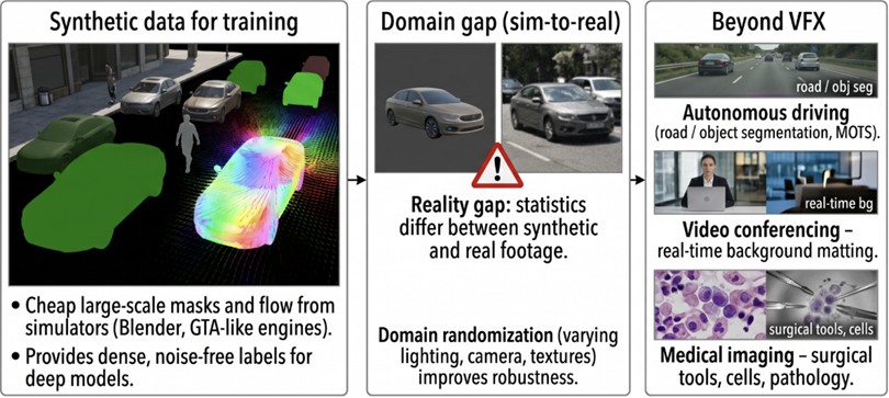 Synthetic datasets provide cheap dense labels but introduce a sim-to-real domain gap. Rotoscoping-style video segmentation is also used in autonomous driving, telepresence, robotics, and medical imaging