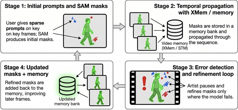 Conceptual diagram of hybrid human-in-the-loop rotoscoping systems (e.g., Track Anything, EVA-VOS)