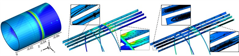 Contours of gas volume fraction and pressure, streamlines, and vortex lines in the piston front chamber