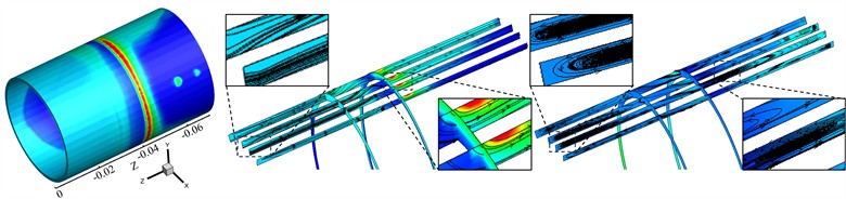 Contours of gas volume fraction and pressure, streamlines, and vortex lines in the piston front chamber