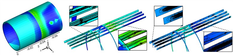 Contours of gas volume fraction and pressure, streamlines, and vortex lines in the piston front chamber