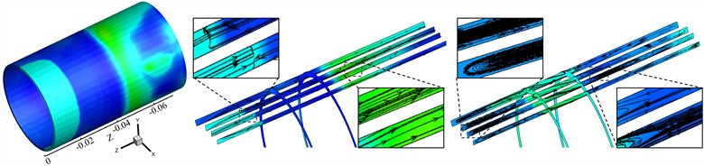 Contours of gas volume fraction and pressure, streamlines, and vortex lines in the piston front chamber