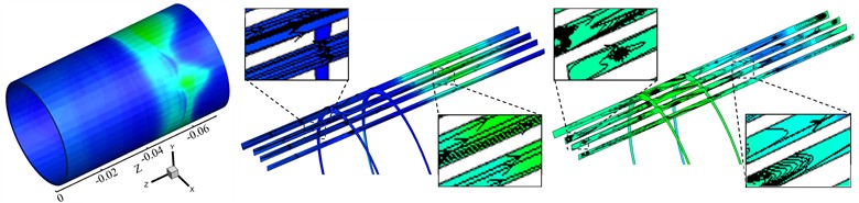 Contours of gas volume fraction and pressure, streamlines, and vortex lines in the piston front chamber