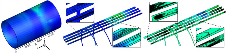 Contours of gas volume fraction and pressure, streamlines, and vortex lines in the piston front chamber