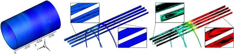Contours of gas volume fraction and pressure, streamlines, and vortex lines in the piston front chamber