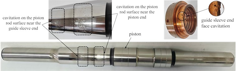 Cavitation of the guide sleeve end face and the piston rod surface. Photo by Haonan Wang in January 2026 in Lanzhou University of Technology, China