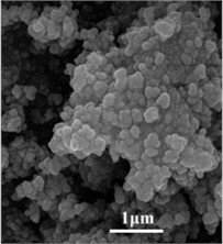 FE-SEM micrographs of a) HAP, b) HAP/Sr, c) HAP/Co, and d) HAP/Ag, showing predominantly spherical nanoparticles with a mesoporous texture; mean particle size decreases from approximately 20-35 nm for pure HAP to 10-25 nm for the doped materials