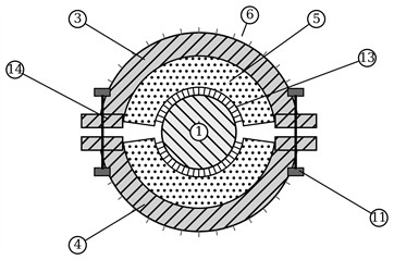 Design of the cover: a) isometric general view of the cover 2 installed on the working part of a standard wagon handrail 1; b) front view; c) cross-section: 3, 4 – half-shells; 5 – damping layer; 6 – outer surface; 11 – fixators; 13 – friction relief; 14 – side flanges; d) longitudinal zoning of the outer surface: 7 – central palm zone; 8 – transition zones; 9 – end finger-grip zones; 10 – anti-slip texture