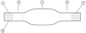 Design of the cover: a) isometric general view of the cover 2 installed on the working part of a standard wagon handrail 1; b) front view; c) cross-section: 3, 4 – half-shells; 5 – damping layer; 6 – outer surface; 11 – fixators; 13 – friction relief; 14 – side flanges; d) longitudinal zoning of the outer surface: 7 – central palm zone; 8 – transition zones; 9 – end finger-grip zones; 10 – anti-slip texture
