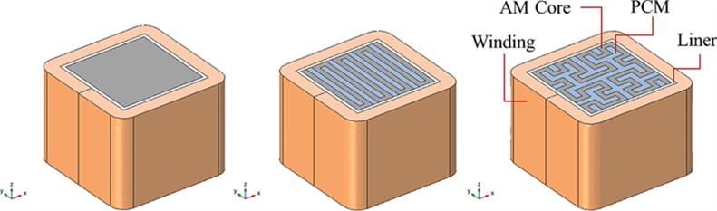 Conceptual stator segment structures in which the voids of thin-walled structures,  including magnetic cores, liners, and windings are filled with PMCs.  From left to right: Bulk, Parallel and Hilbert structures [30]