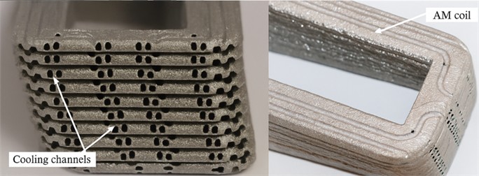 Additively manufactured coil with integrated channels [62]