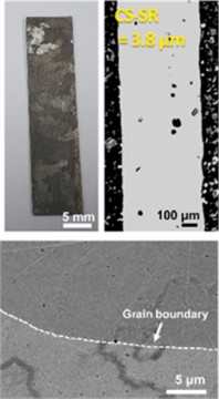 Optical and scanning electron microscope (SEM) images of the surface and cross-sections  of as-printed annealed Fe-6.5 wt%Si sheets [29]