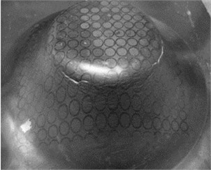 a) Laminated sheet formed by SPIF on the CNC milling machine; b) circular grid pattern on the formed sheet, used to measure the strains in the necked zone